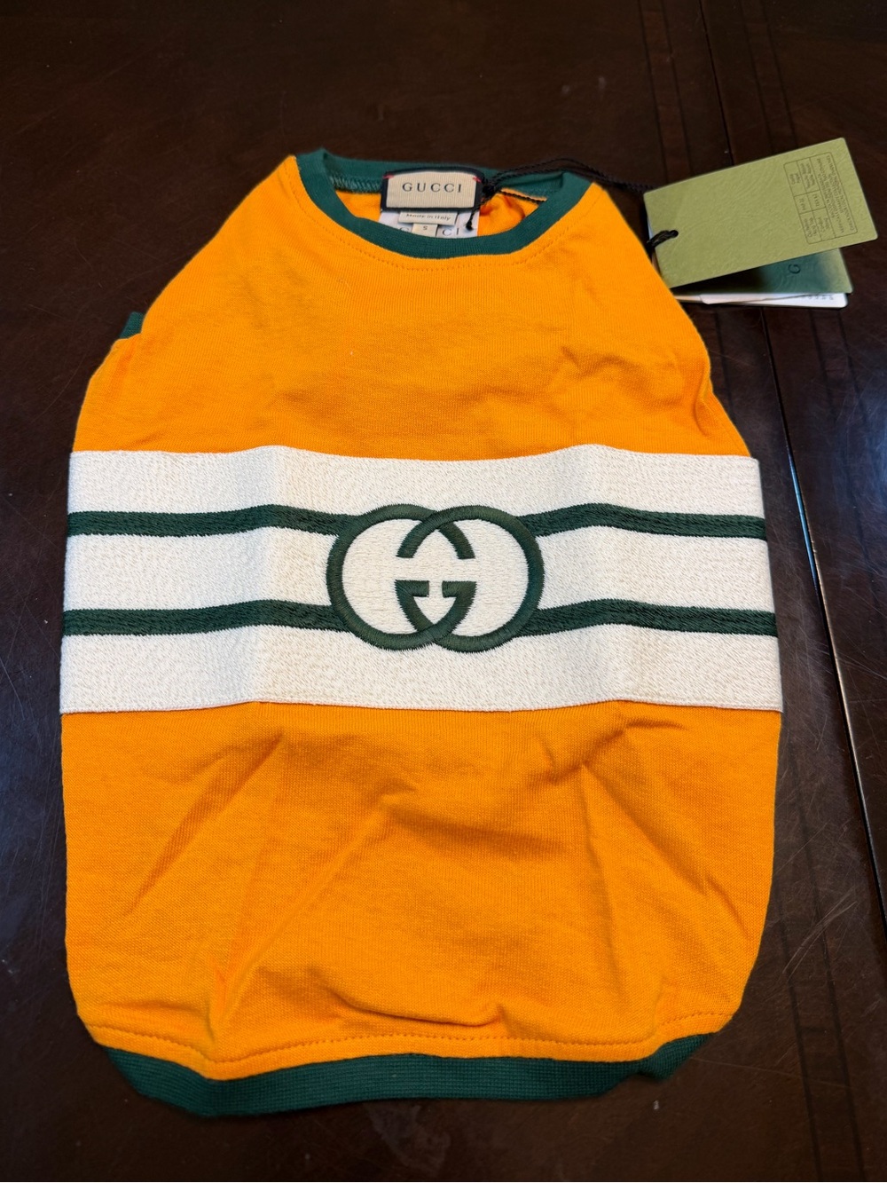 New Authentic Gucci GG Logo Dog Shirt Clothes Gold Green Size S